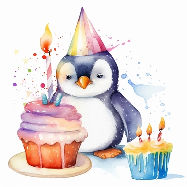 Clipart, watercolor, white background: A birthday penguin wearing a party hat, sliding on an ice slide with a slice of birthday cake in its flippers.