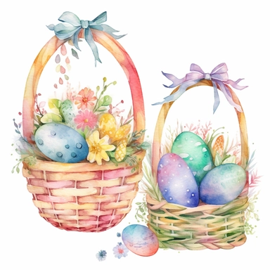 Whimsical Easter baskets with colorful eggs, grass, and ribbons, with intricate patterns and colors, watercolor png clipart on a white background