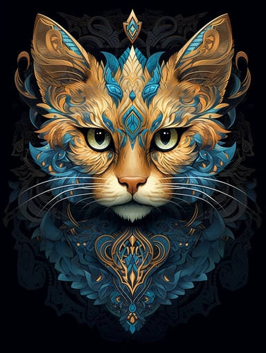 A cat portrait in a gold dress with ornate gold tattoo, in the style of dark blue and light aquamarine, fractal patterns, mind - bending murals, dark cyan and orange, zbrush, depictions of animals, distinctive noses, clipart png, photorealistic, watercolor, digital painting, WHITE BACKGROUND, fantasy style, realistic, painting, 8k, ultra details,