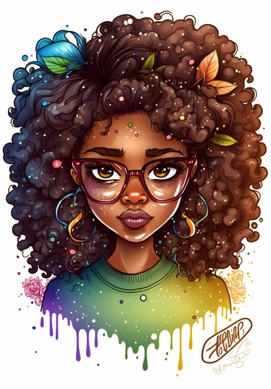 2d watercolor clipart kawaii, spring, april, character of beautiful african american woman, Intricately rendered dark Skinned woman, full body portrait, intricately rendered, 8k, long thick curls brown hair, sparkles, generously detailed, hyper realistic, digital, long rainbow eye lashes, beautiful retro comic urban chick, smart, books, nerdy, glasses, 8k,