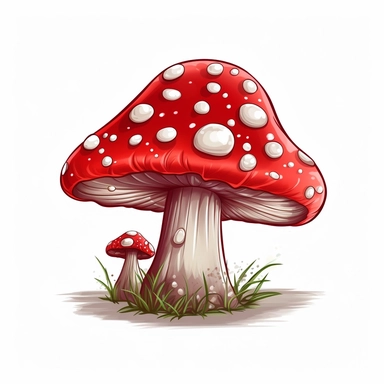A clipart image of a red magic mushroom, with a whimsical cartoon style. Its cap is a vibrant red with white spots, and it stands alone against a white background.