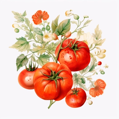 watercolor artwork featuring tomatoes, basil, poppies, clipart elements, romantic aesthetic, hand - drawn in a watercolor style, himsical and charming, white background