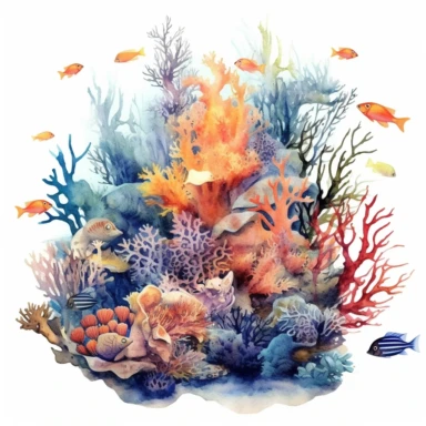 An underwater style over realistic beautiful coral reef in the sea with watercolor effect,sea plants,coral and mussel,underwater details,random colorful fishes,blue color,fade colors,suitable for digital clipart,white background no physical deformation , realistic features,full body,fantasy scene , white background
