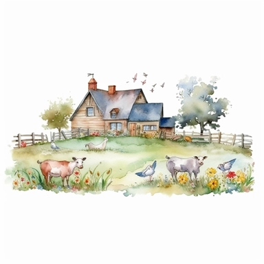 watercolor farm house clipart with meadow and some animals, white background, no comment, 8k