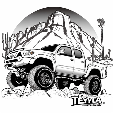 vector logo, 2010 Toyota Tacoma 4x4 truck rock crawling on top of giant granite boulders , side view, 4x4, monster truck wheels, flared fenders, Black and White Line art, white background, clipart