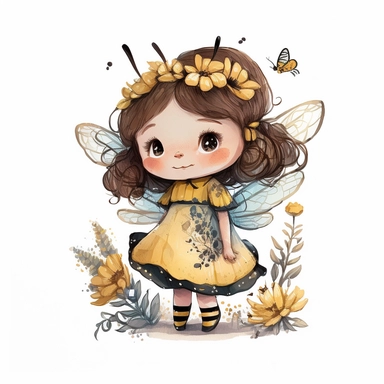 A cute little fairy in bumblebee dress, isolated subject, folklore artstyle, watercolor clipart, whitebackground