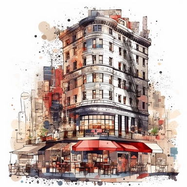 clipart de cafeteria de nueva york, acuarela, 16k, hiper minimalista, megapixel, full color, super detailed,insanely detailed and intricate, ultra detallado