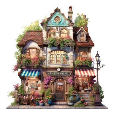 a very cute toy shop with lots of toys , clipart, exterior view, cozy, flowers, luminious, dramatic lighting, super detailed, daytime, Thomas Kinkade style, watercolor, 8k, on isolated white background