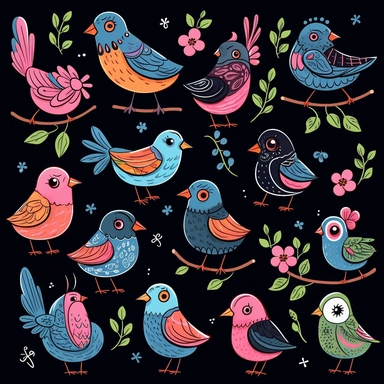 cute cartoon bird clipart, black background,--no cut off edges