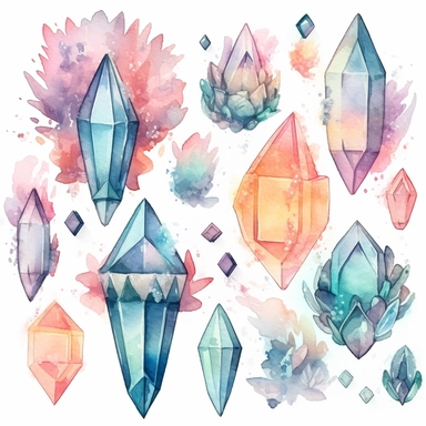 Pastel spooky crystals clipart image, in the style of mystic mechanisms, subtle pastel tones, pencil art illustrations, soft pastel tones, reimagined by industrial light and magic, litho printing, illusory images, watercolor clipart
