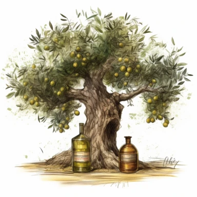 Olive oil in front of an olive tree. Vintage, Artistic, clipart, detailed
