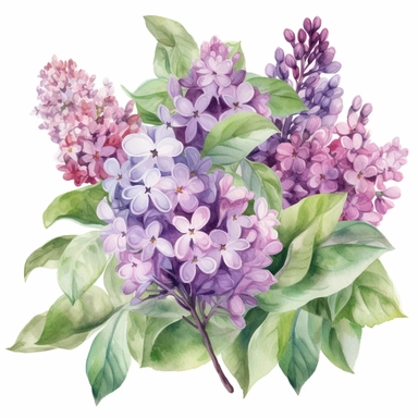 big lilac bushes with many green leaves and purple lilac flowers, lush, watercolor clipart, bright colors, isolated white background, 8k