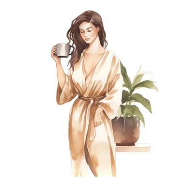 a watercolor sticker of a woman in white dress watering a big house plant. Clipart. Neutral beige faded color palette. White background. Artistic illustration. Hand-drawn.