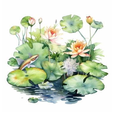Watercolor Lily Pond Clipart, lily pad and frog pond, CLIPART, fish and birds
