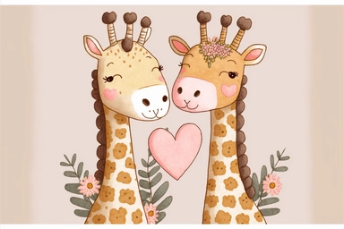 giraffe couple love valentine, Kawaii style, watercolor clipart, flat colors, ultrahigh details, high quality, almost vector style, white background, 8k,