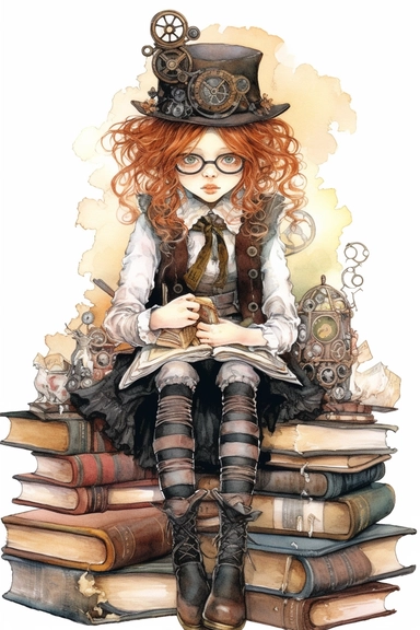 watercolor mixed media gothic steampunk girl entire body reading, illustration clipart by holly hobbie
