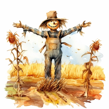 A watercolour happy scarecrow standing in a field, clipart, hd, detailed, white background, spaced out