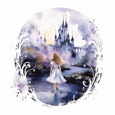 light watercolor wild castle and beauty girl in the moonlight in beautiful forest with bridges, roses, flowers,and lights realistic clipart on white background