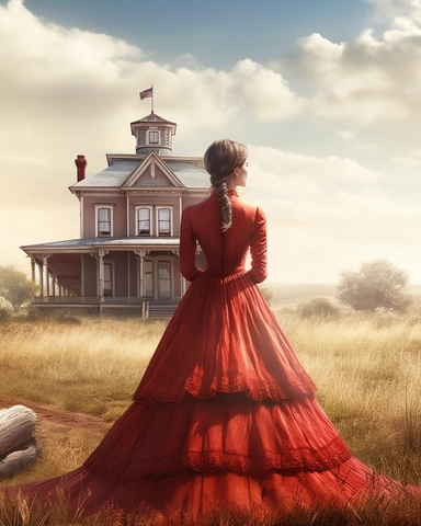 detailed beautiful lady , dressed in a red victorian vintage dress on a big open farm, wide angle, long shot, with a house far from her as her background, hyper realistic, 8k, isolated on white backgorund, clipart