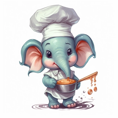 cute baby elephant with long proboscis in a Chef Costume, cartoon clipart, isolated white background, 32k