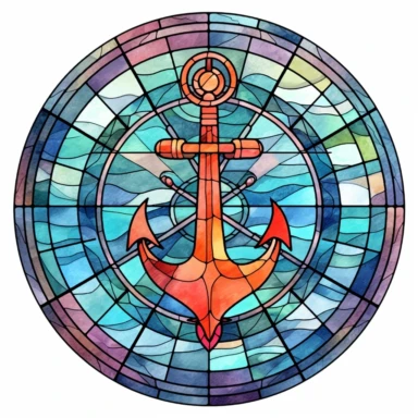 commercial shot of watercolor nautical anchor Stain glass window clipart, whimsical, sublimation clipart, fantasy, deep colors, high quality watercolor style clipart, isolated on white, award winning,