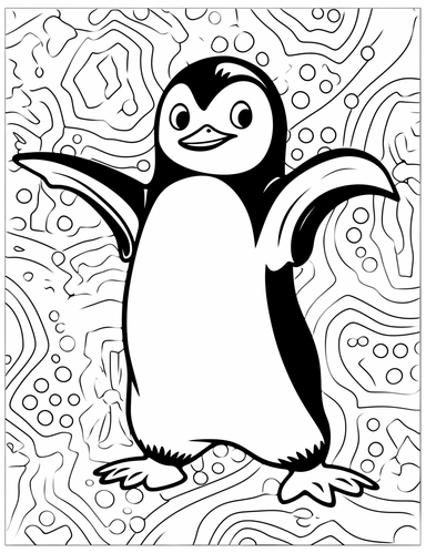clipart friendly cartoon dancing silly penguin in the style of Pierre-Auguste Renior black and white child's coloring book, black and white smooth thick lines, solid white background, no background