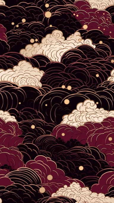 pattern of moon stars and clouds, clipart line drawing in gold ink on dark burgundy background
