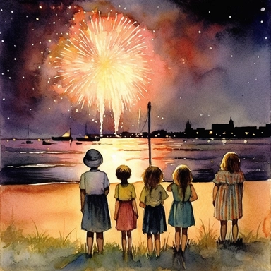 children watching fireworks ont the 4the of july, watrcolor, clipart AR 3:2