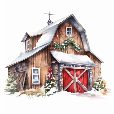 vector watercolor close up winter brown christmas barn decorated in Christmas style decor in winter clipart on white background, close up view, winter christmas barn, green and red Christmas color scheme, photorealistic, ultrarealistic, no background, on white