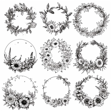 Nine extremely simple and beautiful uncomplicated minimalist design flower garlands clipart in 3 rows, 3 columns, line drawing in a perfect circle, very little detail, mixed drawing so that certain parts of the circle are flowers, straight line, hidden and dotted line, flower details do not enter the circle or enter very little, black focus, high quality, aesthetic style, white background, garlands only,8k