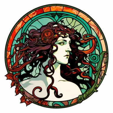 Medusa, art nouveau, bright colours, clipart, centred, white background