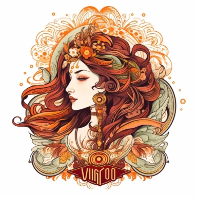 old style fire virgo zodiac, vector design illustration, in the style of detailed heavy metal embroidery, hand-painted details, Horoscope Clipart, isolated white background