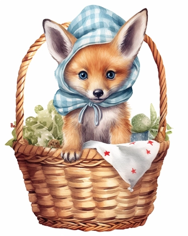 detailed watercolor Baby fox on a basket with cap , hyper realistic, isolated on a white background, clipart