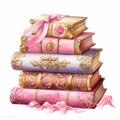 Make a clipart of a fairytale watercolor book stack with detailed binding on a table, rococo, with bright colors of pink, black outlines, hd, gold accents, white background