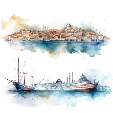 watercolor istanbul golden horn panaromic view seeing the both banks and modern time ships , illustrations clipart set, simple, , cartoon elements ,different variants , separate elements with a margin