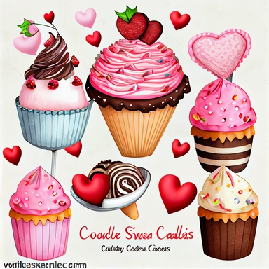 valentines day treats, cupcakes, chocolate candy, ice cream soda, cakes and cookies clipart set, hand-drawn,