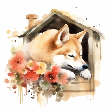light watercolor Shiba Inu sleeping in a dog house, flowers realistic Clipart on white background