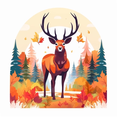 cute vivid clip art of an adorable buck deer in a fall season forest, bold color, white background