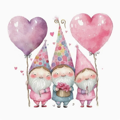 Watercolor happy 3 pink gnomes valentine theme with pink heart balloons, Clipart, Colorful, Retro, highly detailed on white background