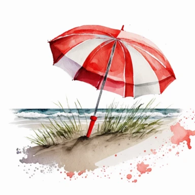 imagine a red and white umbrella on the beach, watercolor clipart style