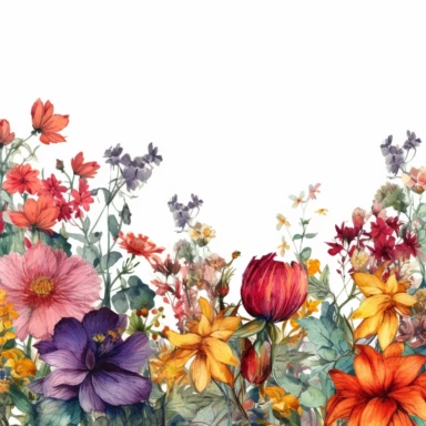 The watercolor floral border clipart morphs into an oil painting, reminiscent of the lush, botanical works of Rachel Ruysch. Against a white background, the border is alive with wildflowers painted with rich, vibrant strokes. The color temperature is balanced, each flower bursting with a unique palette of hues. No facial expressions are present, but the flowers radiate life and vitality. The lighting is subtly dramatic, enhancing the textural details and the lush, immersive atmosphere.