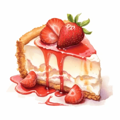 This highly detailed watercolor clipart features a mouthwatering strawberry cheesecake on a white background. The artwork showcases a graham cracker crust, creamy cream cheese filling, and plump strawberries with vivid colors and intricate details. A drizzle of strawberry sauce adds a touch of elegance. Perfect for menus, recipe books, and food blogs, this clipart captures the essence of this delectable dessert, leaving viewers craving a bite.