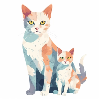 adult female cat with baby cat, clipart, bright colors, isolated white background