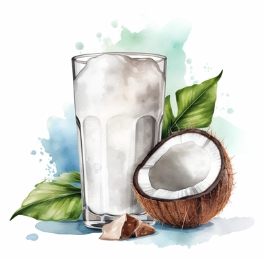 create a beautiful high quality high detail highly saturated watercolor clipart disney style illustration of a GLASS OF COCONUT MILK, NO TEXT, NO FONT, NO WATERMARKS, WHITE BACKGROUND
