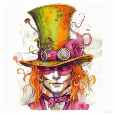 mad hatter, cutsey and funny, shades of lime orange fucshia and brown, glamorous, half body, clean background, very detailed and realistic, clipart style, gouache, white background with margins,