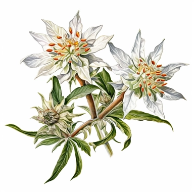 edelweiss flower , Beautiful Watercolor Art, Charming, Isolated on White Background Floating on White Background, Crispy Details, Watercolor, High Resolution, High Quality Art, Clear, Vibrant, Rich Colors, Sharp, Vivid Details, 300 dpi, Clipart