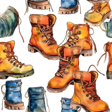 Seamless pattern, Watercolor detailed clipart, camp boots
