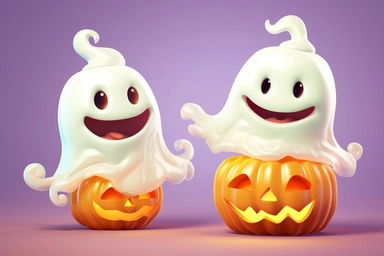 Cute ghost. Happy halloween ghosts characters, spooky expression creature. Funny scary magic demon with pumpkin, mystery creative nowaday vector clipart, realistic, full frame, very detailed