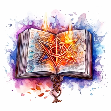 Solid white background, Detailed watercolor open ancient wizard magic book with symetrical love magic swelling from the book's pages clipart. The visable pages of the book have glowing etched runes on them visibly.
