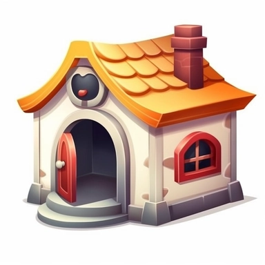 oilpainting, 2d icon of a super cute cartoon doghouse clipart, 3d rendering, white background, clean